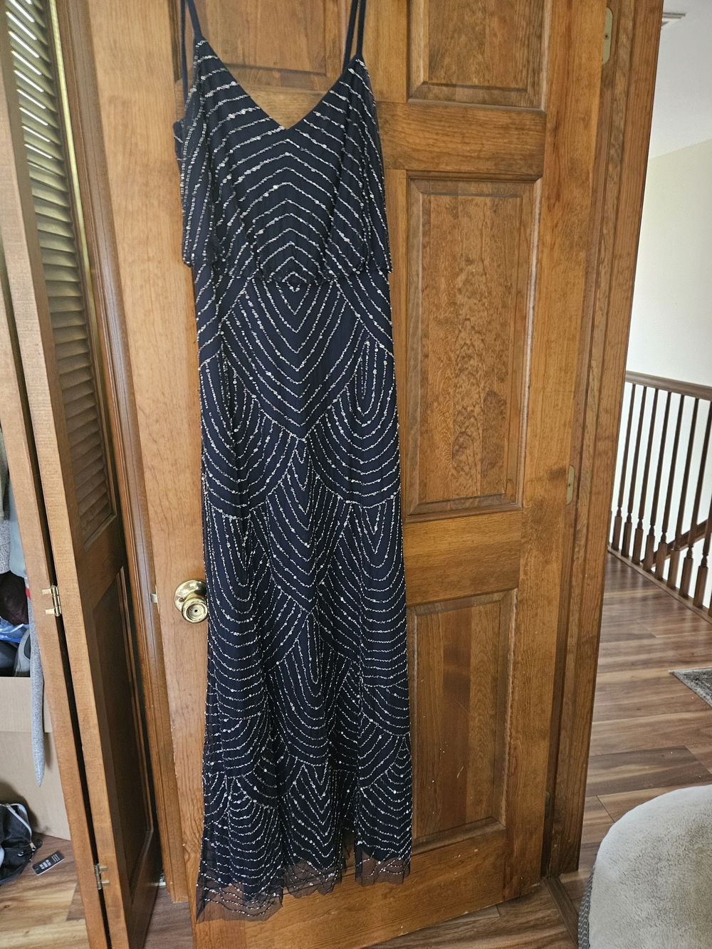 Adrianna Papell Navy Beaded V-Neck Maxi Dress